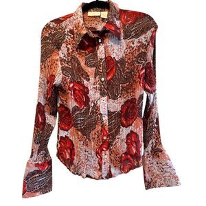 Caviar Roses Leopard Floral Print Button Down‎ Blouse Red Brown Women’s Large